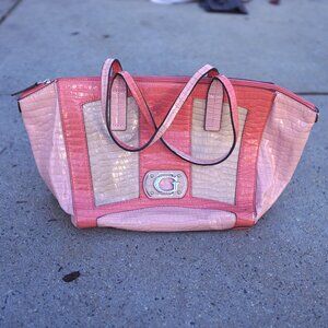 Guess Y2K Patent Croc Tote Bag Pink Beige Large Logo Glam Shoulder Bag